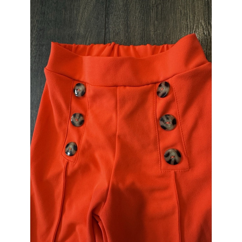 Fashionova Women XS Sailor Pants Button Detail Mid-Rise Wide Leg Ribbed‎ Orange